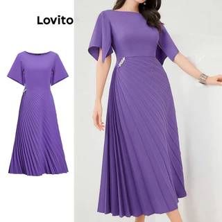Lovito Vestido elegante simples plissado com strass para mulheres L99ED941