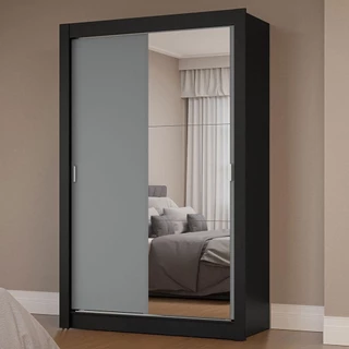 Guarda-Roupa Solteiro 2 Portas de Correr com Espelho Preto/Cinza Milano Madesa em Oferta na Shopee