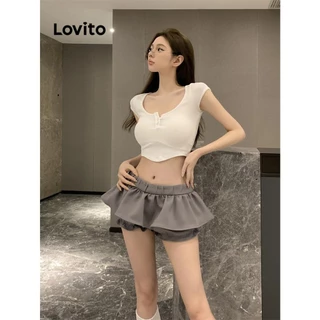 Lovito Short casual com babado liso e bainha para mulheres LNA62264