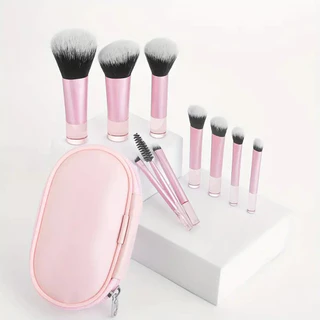 10 Conjunto de Escova de Maquiagem Portátil Pink Short Handle com Saco de Armazenamento Incluindo Escova Blush Escova em Pó Solto Escova para Sombra Escova para Sobrancelhas Escova para Sobrancelhas Escova para Sobrancelhas
