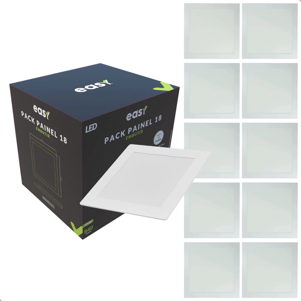 Kit 10 Painel Led Embutir 18w 3000k Quadrado Bivolt - Easy
