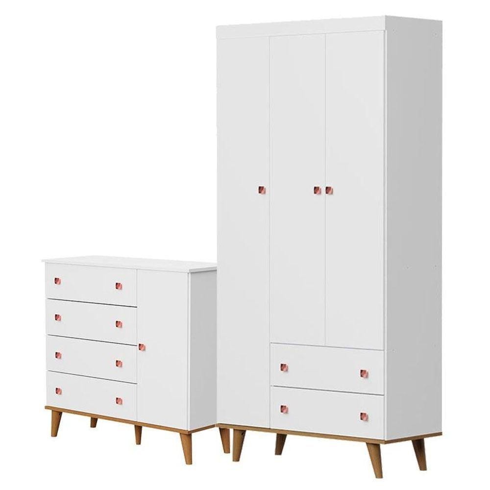 Cômoda E Guarda Roupa Infantil Retrô Fernanda Branco Acetinado Bétula - Carolina
