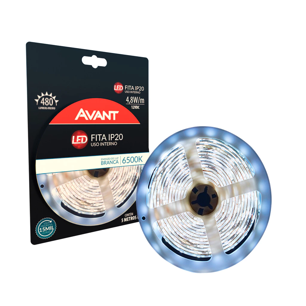 Fita Led Interna 4,8w 5m 6500K 12V + Transformador Avant