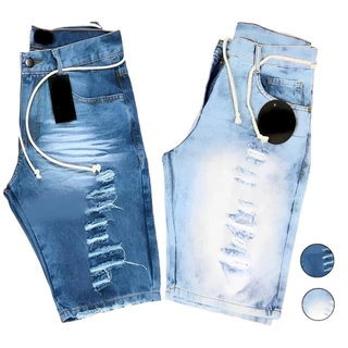 KIT 2 Shorts Bermuda Jeans Masculina moda jogador verão Rasgada Destroyed
