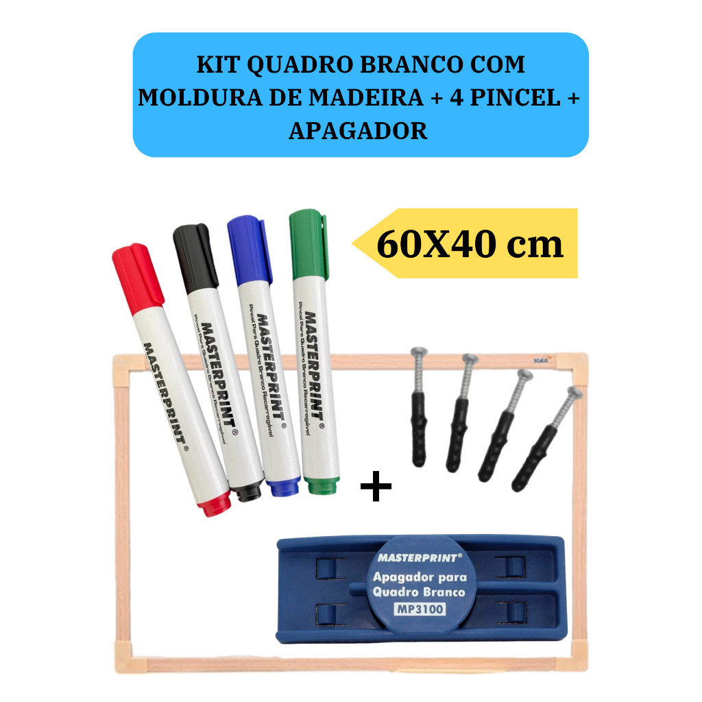 Lousa Branca Quadro Branco 60x40cm + 4 Pincel Marcadores + 1 Apagador Didática Média