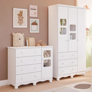 Quarto de Bebê Completo com Guarda Roupa 3 Portas Cômoda Uli 4 Gavetas 100% MDF Móveis Peroba