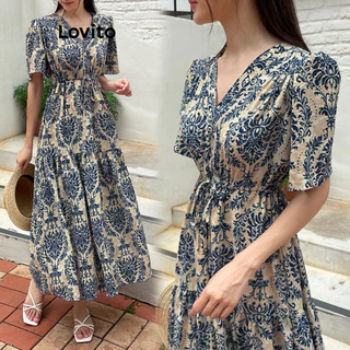 Lovito Vestido Boho Tribal com estampa frontal em camadas para mulheres L100MD315
