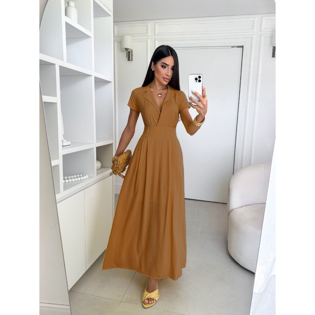 Vestido Longo Feminino Reto Acinturado C/Decote Moda Evangelica 2025  COD:218Liso