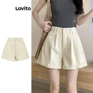 Lovito Casual Plain Washed Button Fake Pocket Denim Short para mulheres L100MD423