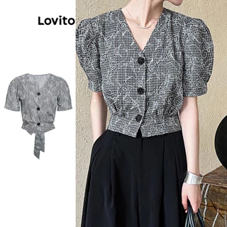 Lovito Blusa elegante com laço floral nas costas e botões na frente para mulheres L100MD494