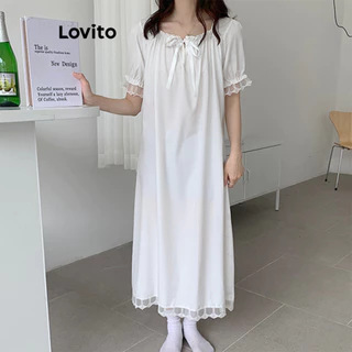 Lovito Vestido de dormir casual liso com renda para mulheres LNM75147
