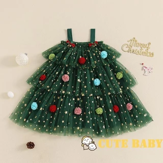 Eph-Kids Bebê Meninas Vestido De Natal Estrela Estampado Tule Em Camadas Com Bola De Pelúcia Chapéu