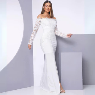 Vestido De Noiva Ombro A Ombro Guipir Manga Longa Sereia