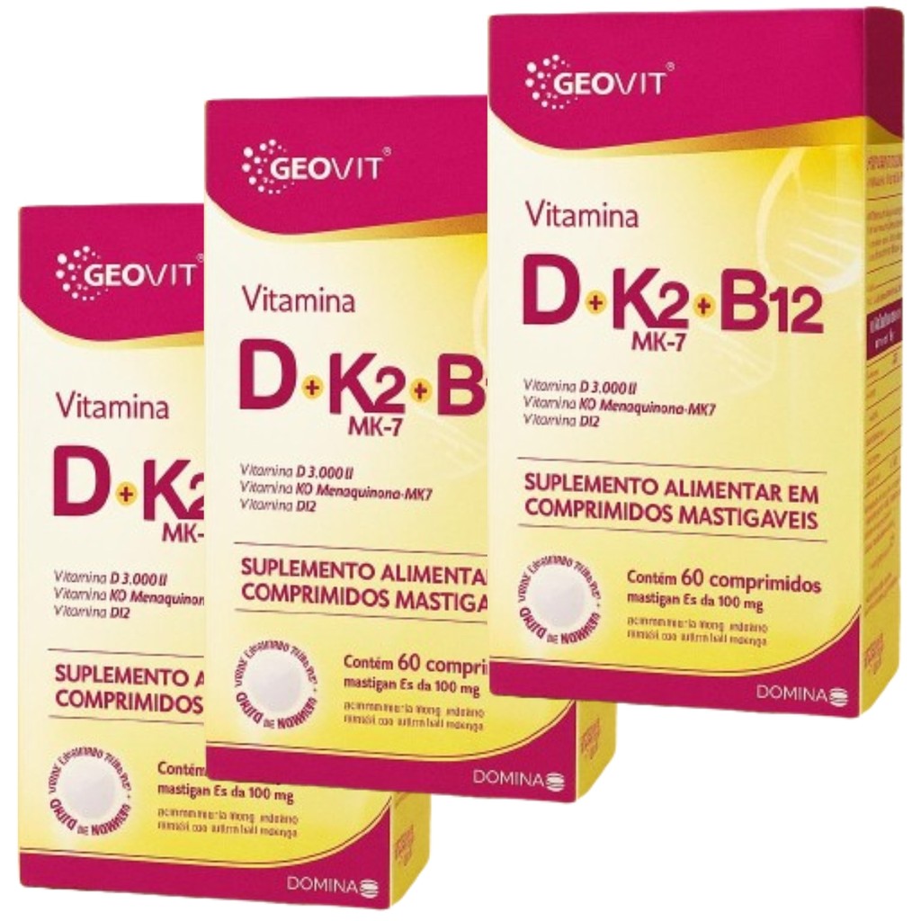 Kit 3x Vitamina D + K2 Mk7 + B12 Geovit Sabor Morango | 60 Comprimidos ...