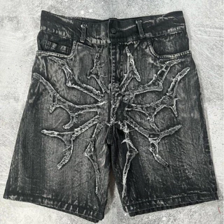 Bordado Em Teia De Aranha Com Padrão Geométrico De Alta Qualidade Desenho De Calças De Ganga Folgadas Homens y2k Velho Lavado Personalizado De Basquetebol Curto-Estoque Pronto
