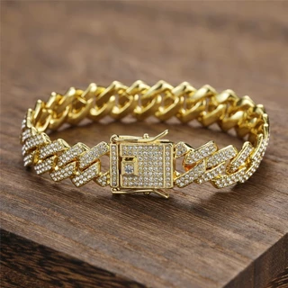 [Bling 13.5mm Prong CubanChain IcedOut Bracelet Rhinestone Zircon Paved Bracelets Para Homens Jóias Femininas
