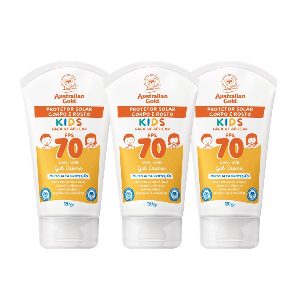 Kit 3 Protetor Solar Infantil Corpo e Rosto Gel Creme FPS70 UVA/UVB ...