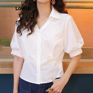 Lovito Blusa casual plissada lisa para mulheres LNE73710