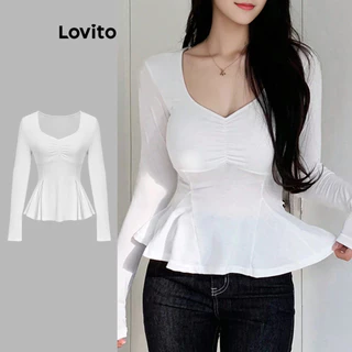 Lovito Camiseta elegante com bainha plissada e babados para mulheres L100MD359