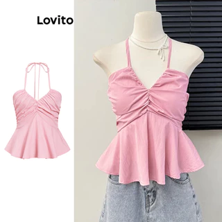 Lovito Boho Plain Ruffle Hem Cordão Smocked Tank Top para mulheres L100MD125