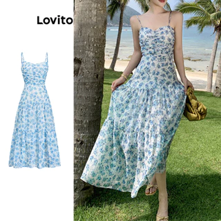 Lovito Boho Ditsy Floral Flores Padrão Vestido Ruched para Mulheres L99ED639