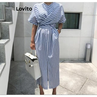 Lovito Vestido Plus Size Curve Casual Listrado Criss Cross Lace Up para Mulheres LNL79169