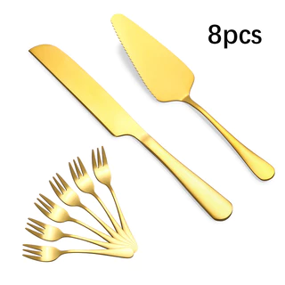 Conjunto De Talheres De Sobremesa Em Aço Inoxidável Dourado , 8 Peças , pizza , Pão , Bolo , Espátula , Garfo De Frutas 