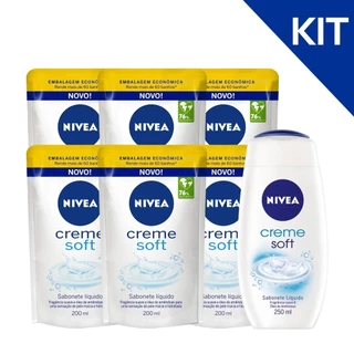 KIT NIVEA Sabonete Líquido Creme Soft 250ml 1 unidade + Sabonete Líquido Creme Soft Sachê Refil 200ml - 6 unidades