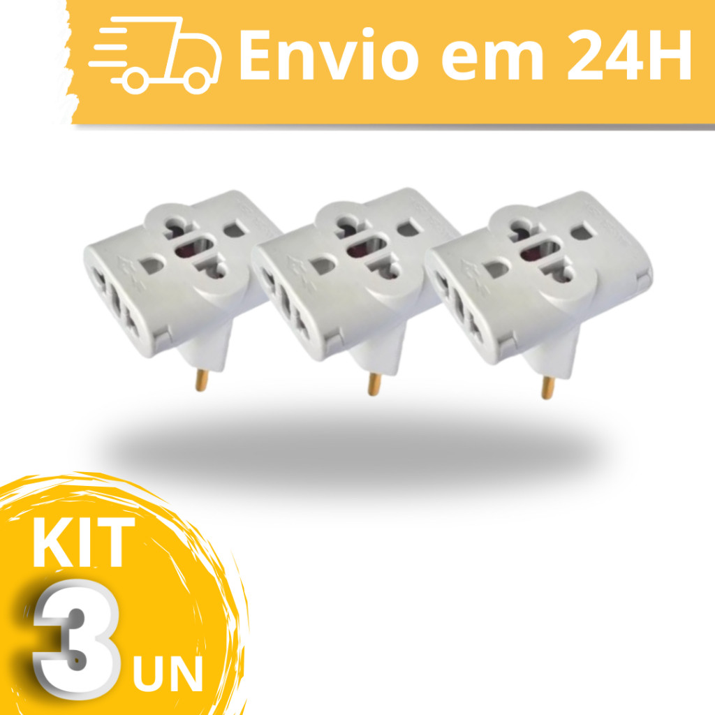 Kit Adaptador Benjamim T Com 3 Entradas 10A até 250v Plug -Bivolt 110 220