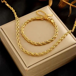 Kit Conjunto Feminino Baiano Trançado Corrente + Pulseira 4mm Banhado a Ouro Aço Inox