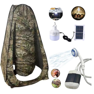 Barraca Banheiro Trocador Roupas Camping + Chuveiro Recarregável + Lâmpada Solar 10w Tenda Portátil