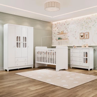 Quarto Bebê Completo Berço Americano 3Em1 Guarda Roupa 4 Portas Cômoda Infantil 100% MDF em Oferta na Shopee