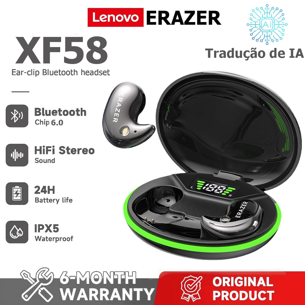 Lenovo ERAZER XF58 AI Tradução Headset LED Fone de ouvido sem fio
