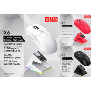 Marrliy 2024 Transfronteiriço Venda Quente Ataque Shark X6 Mouse Leve PAW3395 E-sports jogo R1 Três Modos 2.4G Bluetooth Sem Fio Mouse RGB Base de carregamento