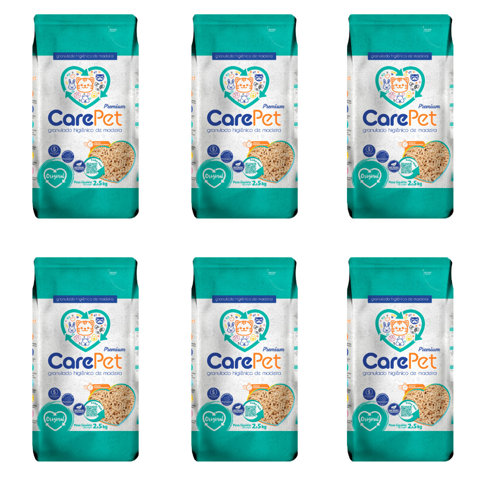 Kit C/6 Granulado Higiênico Madeira CarePet Original 2,5Kg