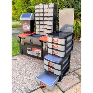Combo Organizador: Maleta de Ferramentas Gigante com Trava Dupla, 2 Organizadores Modulares de 16 Gavetas Cada e 2 Gaveteiros com 4 Gavetas