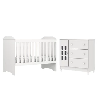 Dormitório Infantil Carolina Baby Berço Americano Mini Cama 3 em 1 e Cômoda Luna Branco