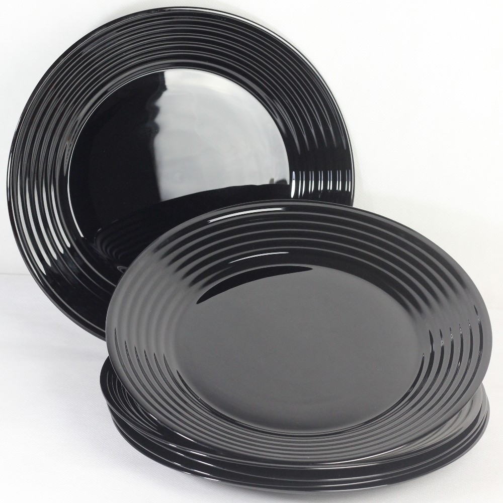 Conjunto 4 Pratos Raso De Vidro Temperado Preto Harena Moderno Borda Detalhada 27cm