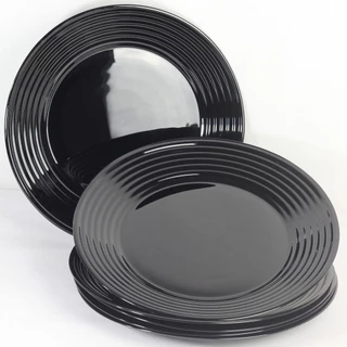 Conjunto 4 Pratos Raso De Vidro Temperado Preto Harena Moderno Borda Detalhada 27cm