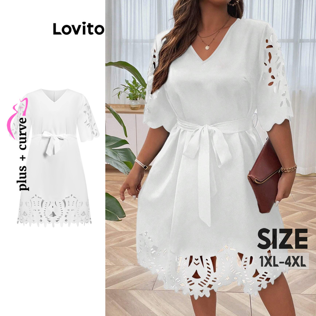 Lovito Plus Size Curva Romântico Simples Ilhós Bordado Vestido Recortado para Mulheres LBL15501