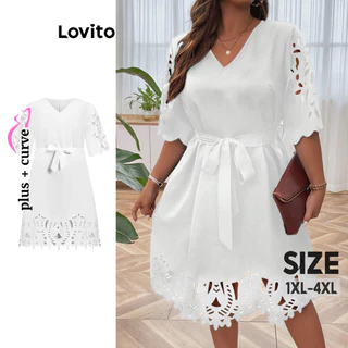Lovito Plus Size Curva Romântico Simples Ilhós Bordado Vestido Recortado para Mulheres LBL15501