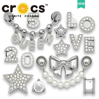 Metal jibbitz crocs charme Sapato Fivela Prata Metálica Diamante Cartas Números diy Fashion Shoes Acessórios