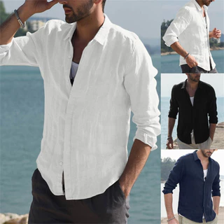Camisas Sociais Masculinas Camisa De Algodão Para Homens Linho De Manga Comprida De Praia De Verão Brancas Férias Casuais Soltas Roupas De Rua Sólidas