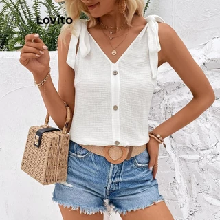 Lovito Regata casual lisa com botão de renda para mulheres LNL77367