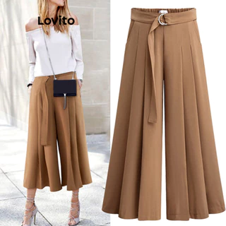 Lovito Calça plissada casual de metal liso para mulheres LNL77052