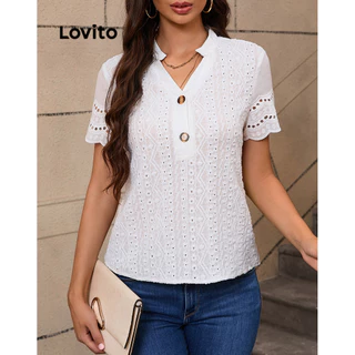 Lovito Blusa casual lisa com botões e costura de renda para mulheres LBL17360
