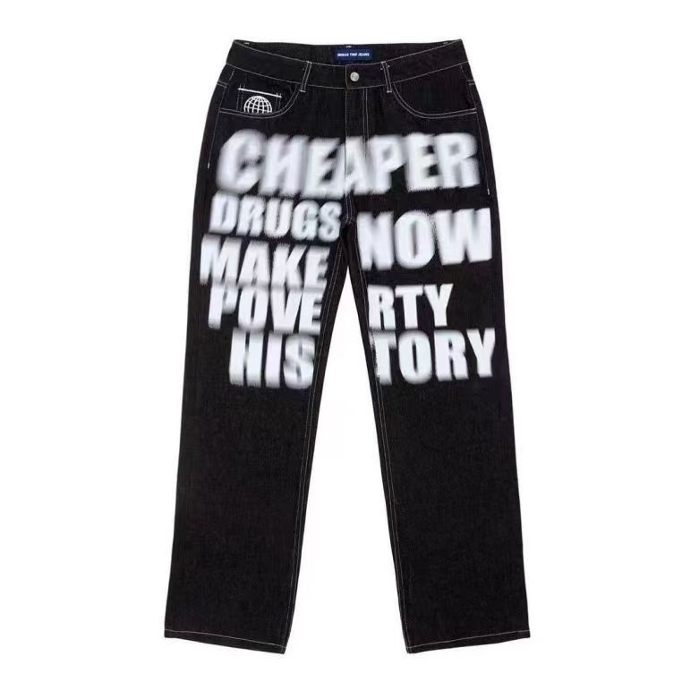 Novas Calças Casuais Retrô Estampadas Com Letras , jeans Básicos Soltos ...