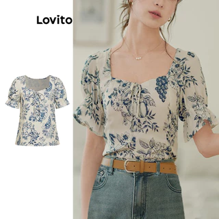 Lovito Blusa Boho Ditsy Floral Lace Up para Mulheres L100MD152