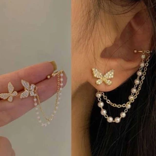 Francês Vintage Zircão Borboleta Pérola Corrente Borla Orelha Manguito Brincos Design Chique Exclusivo em Oferta na Shopee