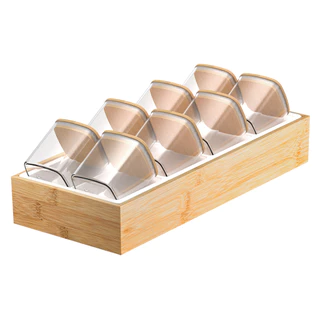 Organizador Porta Temperos 9 Peças Bambu Potes Herméticos Acrílico Gaveta Cozinha Organização Ou